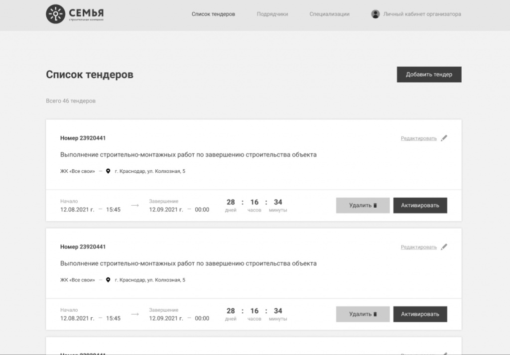Список тендеров организатора