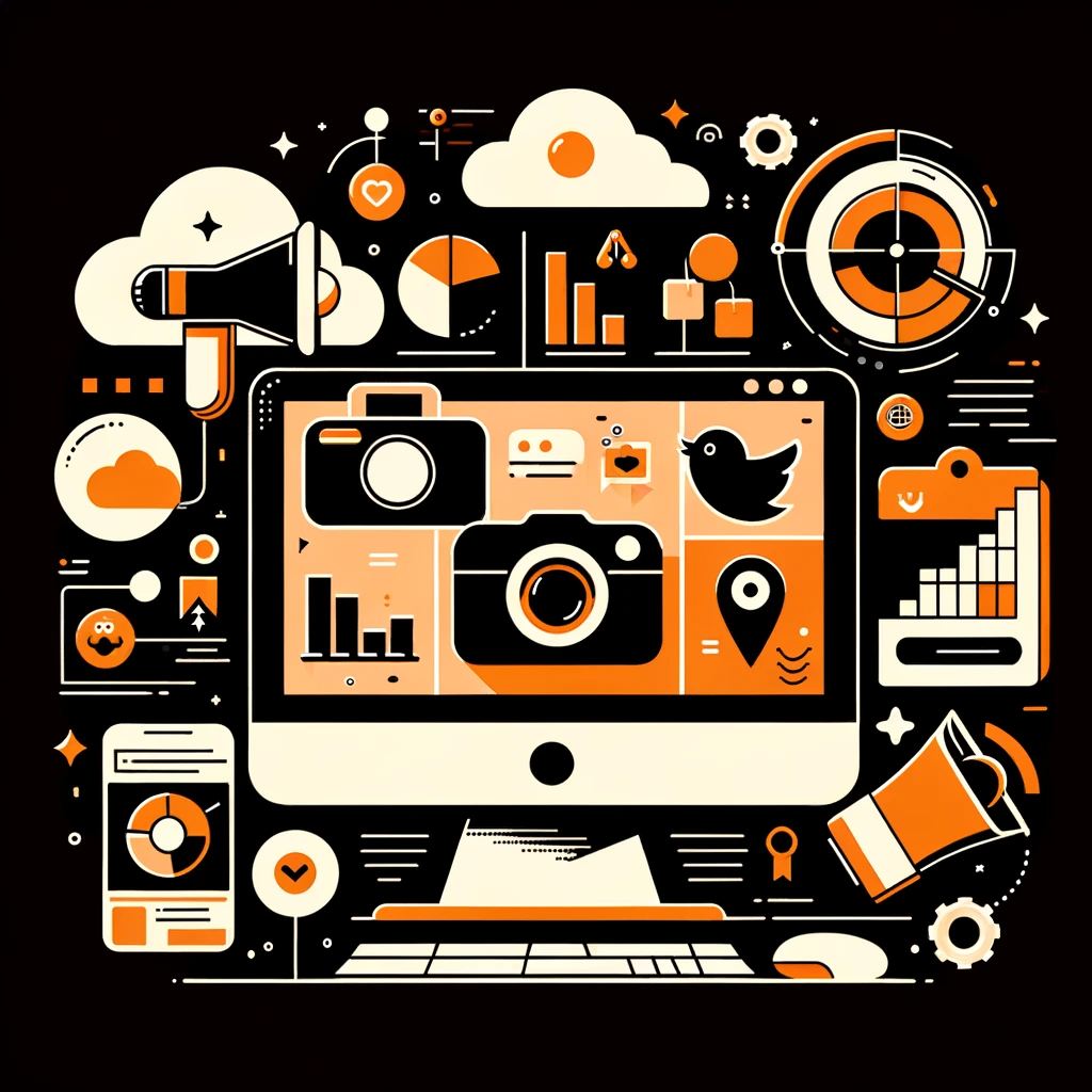 DALL·E 2023-12-06 11.47.55 - Create a minimalist image for an article about services for SMM, using a black and orange color scheme. The illustration should feature a flat design .png